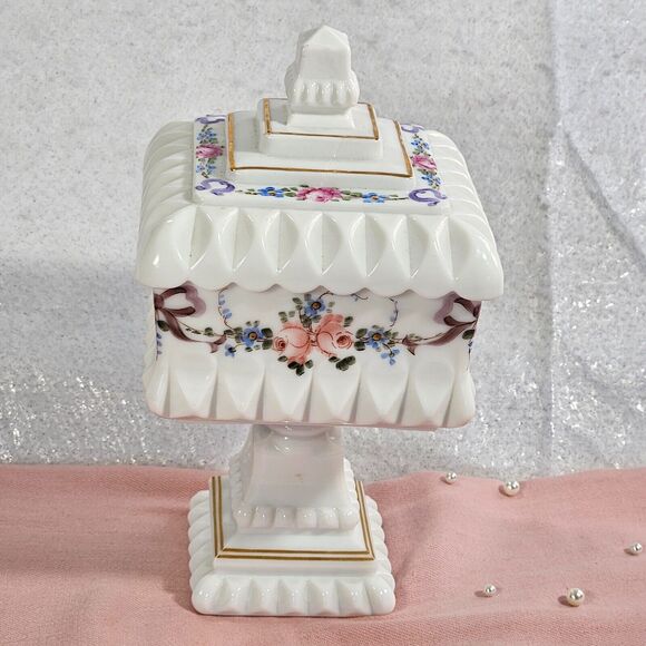 Westmoreland Milk Glass Footed Pedestal Wedding Box Candy Dish Hand Painted 10” - Picture 5 of 16